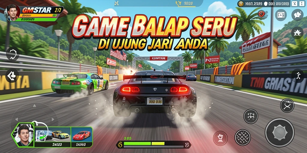 Gameplay seru GMSTAR dengan balapan mendebarkan dan mobil yang keren.