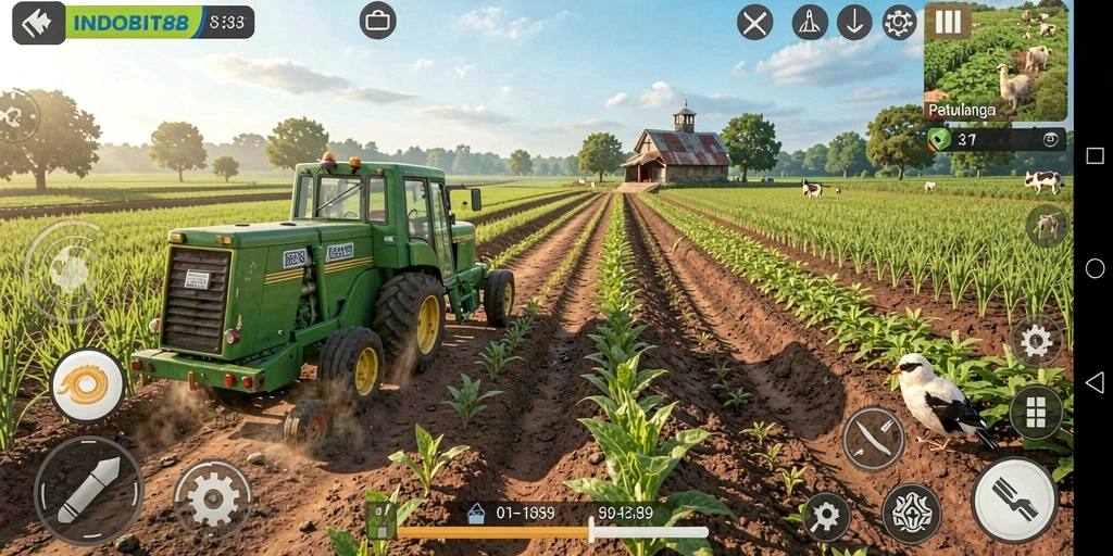 Tampilan screenshot gameplay INDOBIT88 dengan pertanian yang indah.