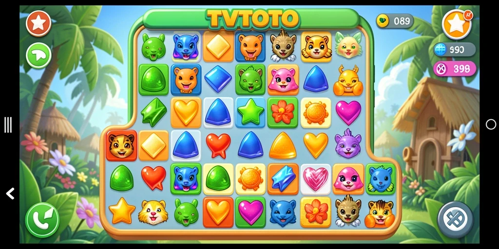 Screenshot utama TVTOTO menunjukkan gameplay Match-3 yang seru dan berwarna.
