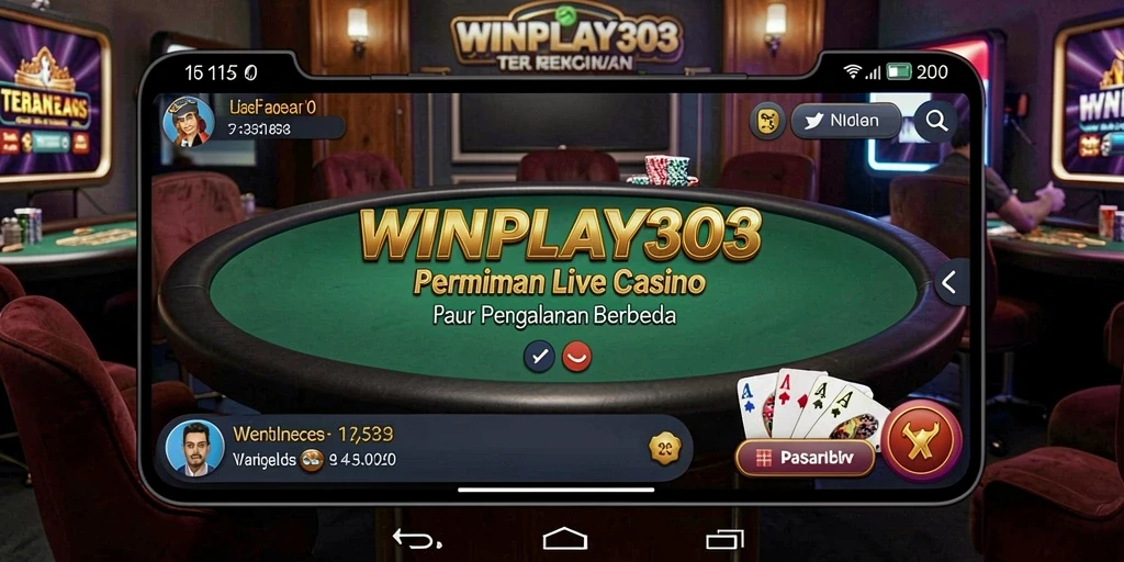 Screenshot gameplay <strong>WINPLAY303</strong> menampilkan dealer langsung dan interaksi pemain.